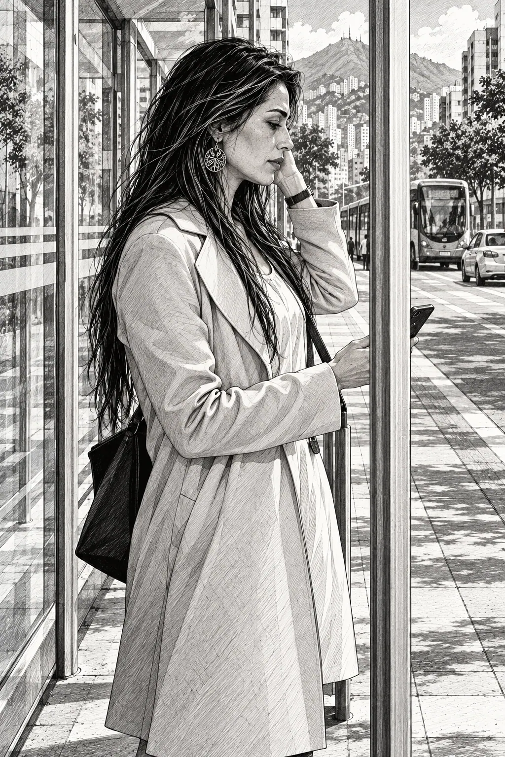 Black-and-white drawing of a woman with long dark hair waiting at a glass bus shelter, holding a phone, with a city and mountains behind her.