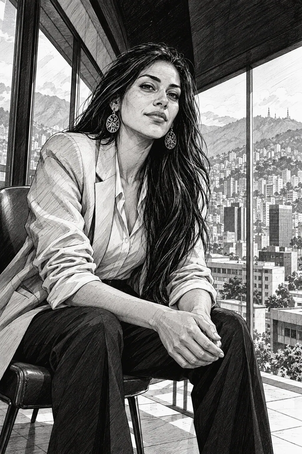 Black-and-white drawing of a woman with long dark hair seated by tall windows above a dense city and mountains.