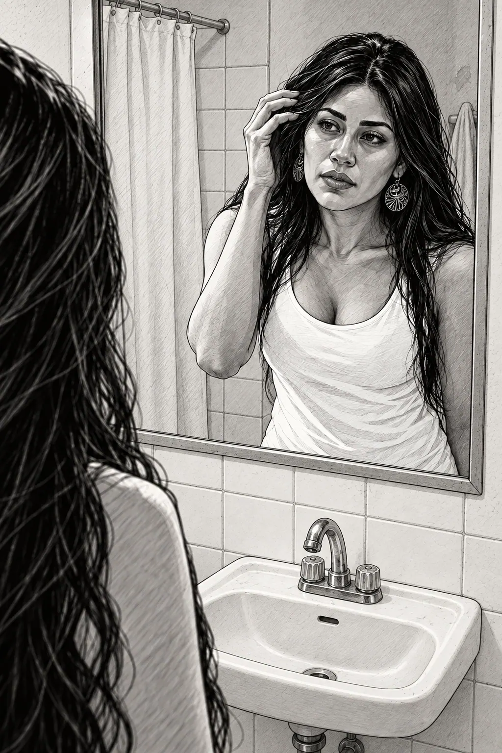 Black-and-white drawing of a woman with long dark hair looking into a bathroom mirror and touching her hair.