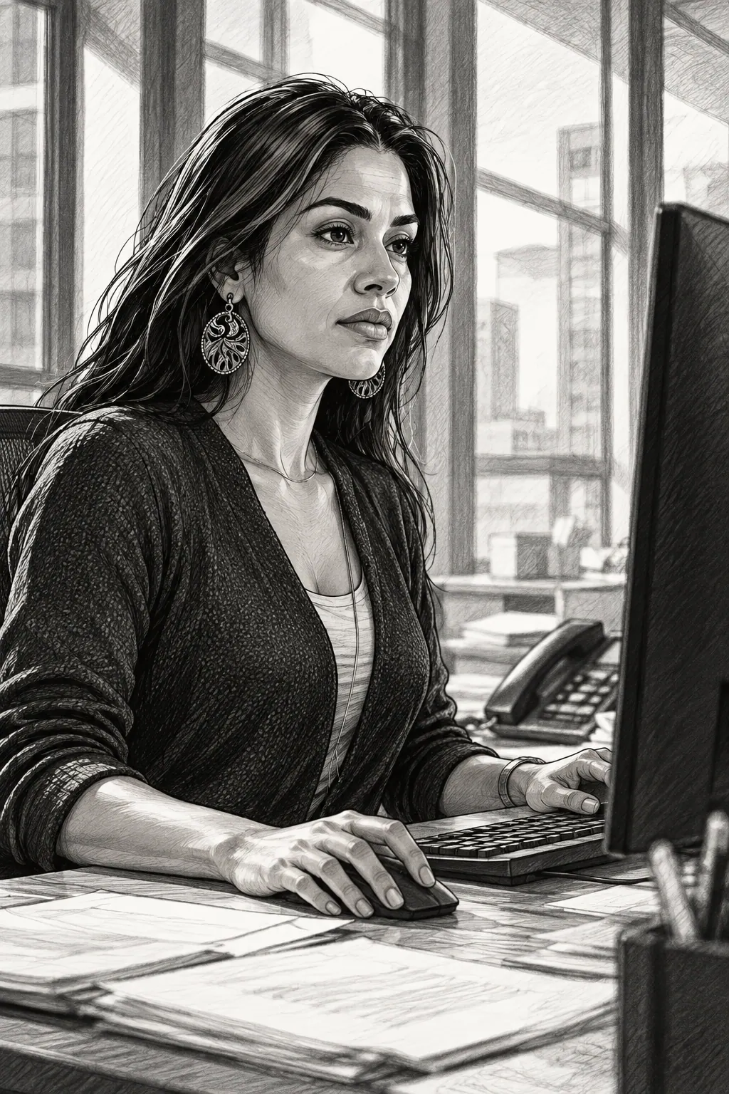 Black-and-white drawing of a woman with long dark hair working at an office desk beside a computer and city windows.